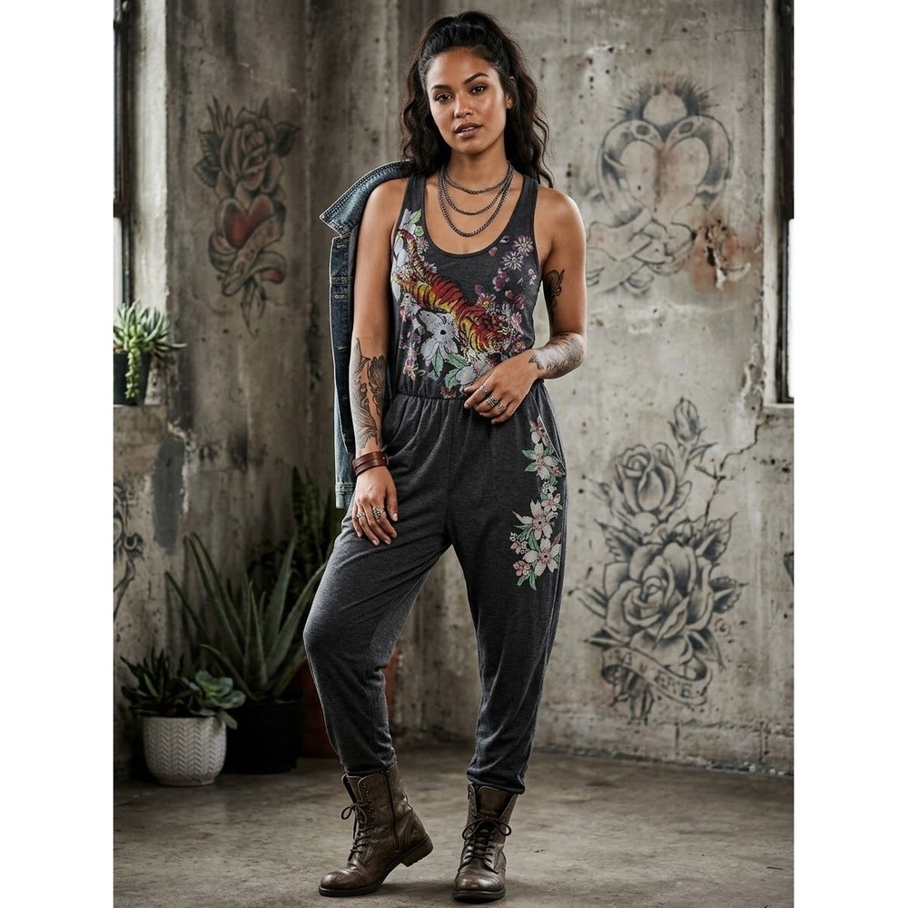Ed Hardy Womens Tiger Floral Graphic Racerback Jumpsuit Charcoal Gray Medium